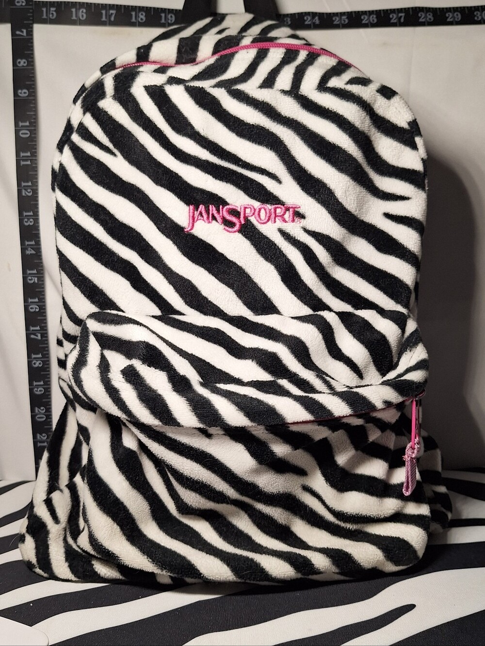 Jansport Backpack, Zebra Stripes, Faux Fur-Like, Black & White w/Pink Accents